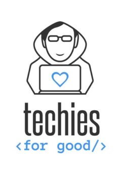 illustration of person using a laptop with techies for good wordmark underneath